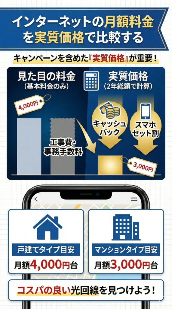 「インターネットの月額料金を実質価格で比較する」図解