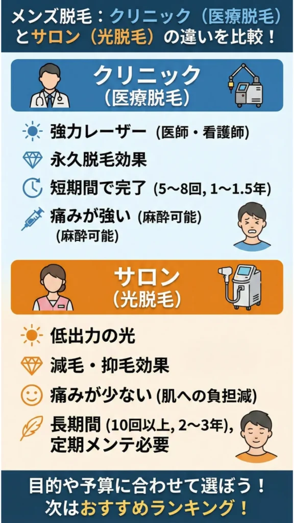メンズ脱毛クリニックとサロンの違いを比較